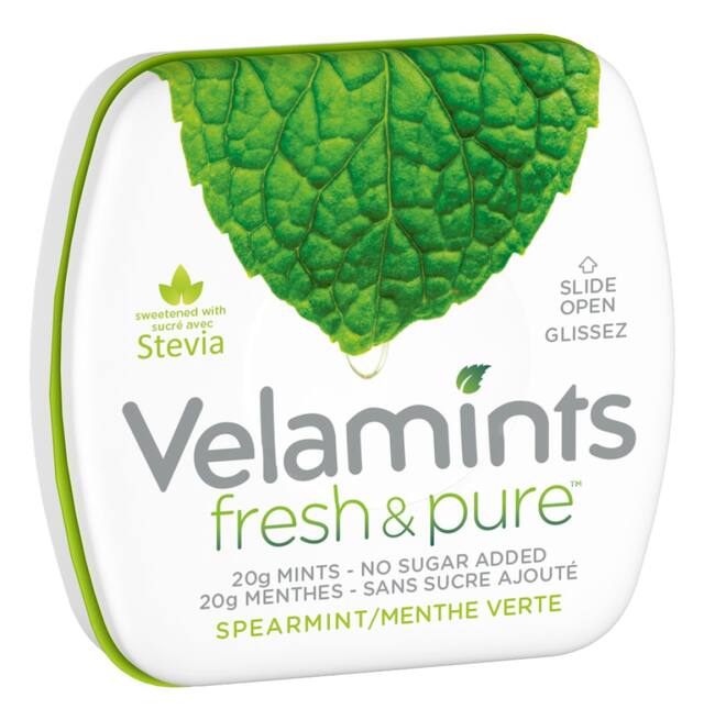 Velamints Fresh & Pure™ Mints, Spearmint, 20-g Front_Angled_Right
