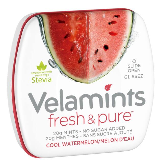 Velamints Fresh & Pure™ Mints, Watermelon, 20-g Front_Three_Fourths_Angled_Right