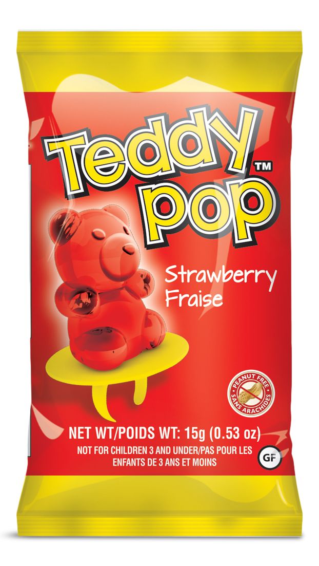 Teddy Pop Lollipop, Strawberry/Watermelon/Wild Berry, Blue/Green/Red, 15-g, Hard Candy, for Birthday/Party Favour Lollipop Front_Flat