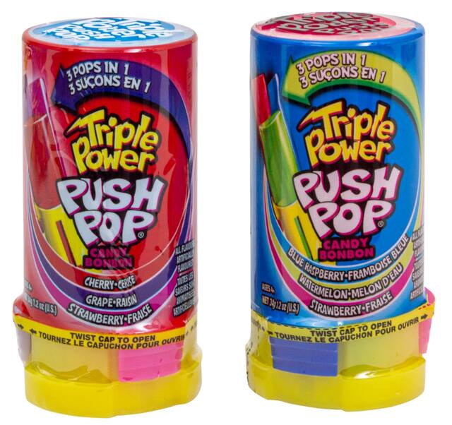 Topps Triple Power Push Pops, Assorted Fruits, Multi-Coloured, 34-g, Hard Candy, for Birthday/Party Favour Composite_or_Mixed