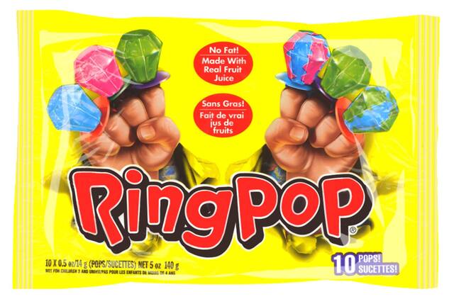 Sucette, bague et bijoux à porter comestibles Topps, bonbon dur, multicolore, choix de fruits, paq. 10, pour fête d'anniversaire/cadeau-surprise/enterrement de vie de jeune fille Front_Flat