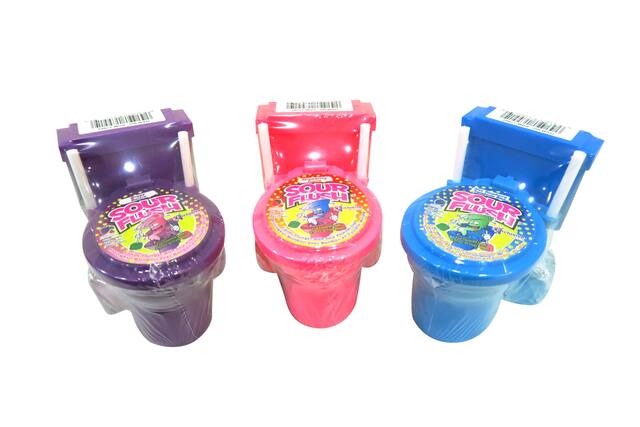 Sour Flush Candy Toilet, Assorted Fruits, Purple/Red/Blue, 39-g, Hard Candy, for Birthday/Party Favour, Assorted Fruit Candy Composite_or_Mixed