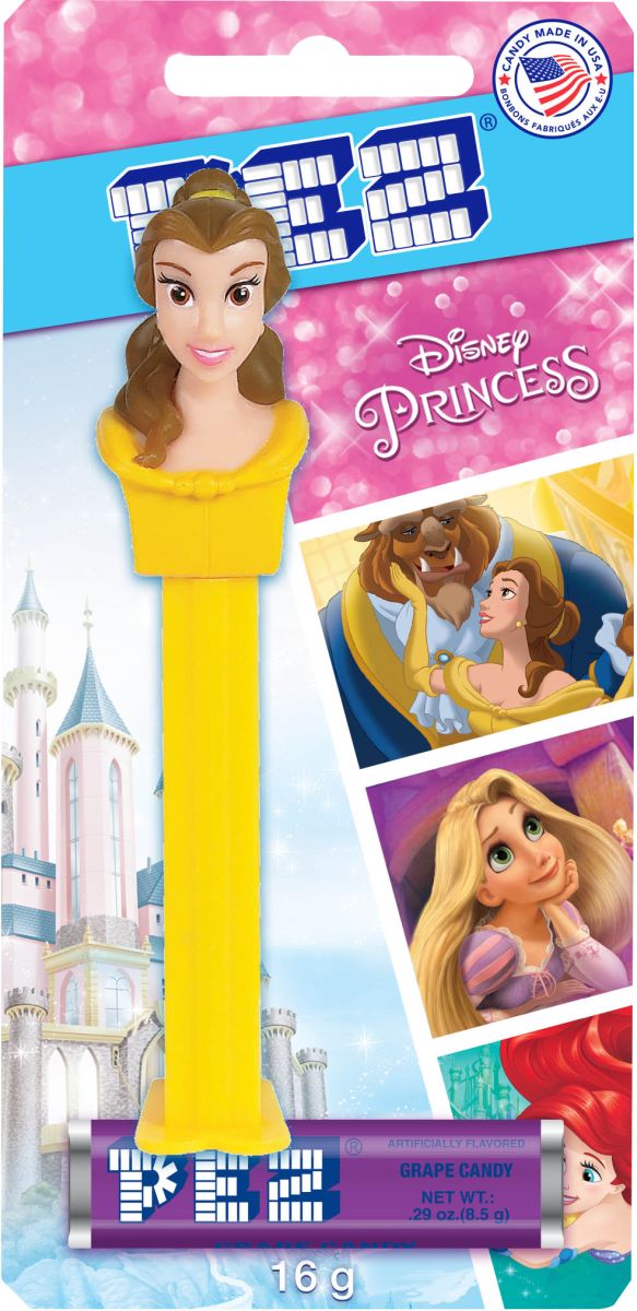Disney Princess Once Upon A Time Belle PEZ Dispenser, Grape, Yellow, 16-g, Hard Candy, for Birthday/Party Favour, Disney Princess PEZ Dispenser Front_Flat