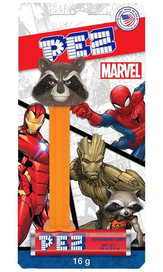 Disney Marvel Avengers Rocket Raccoon PEZ Dispenser, Cherry/Lemon/Raspberry/Orange, Orange, 16-g, Hard Candy, for Birthday/Party Favour Front_Flat
