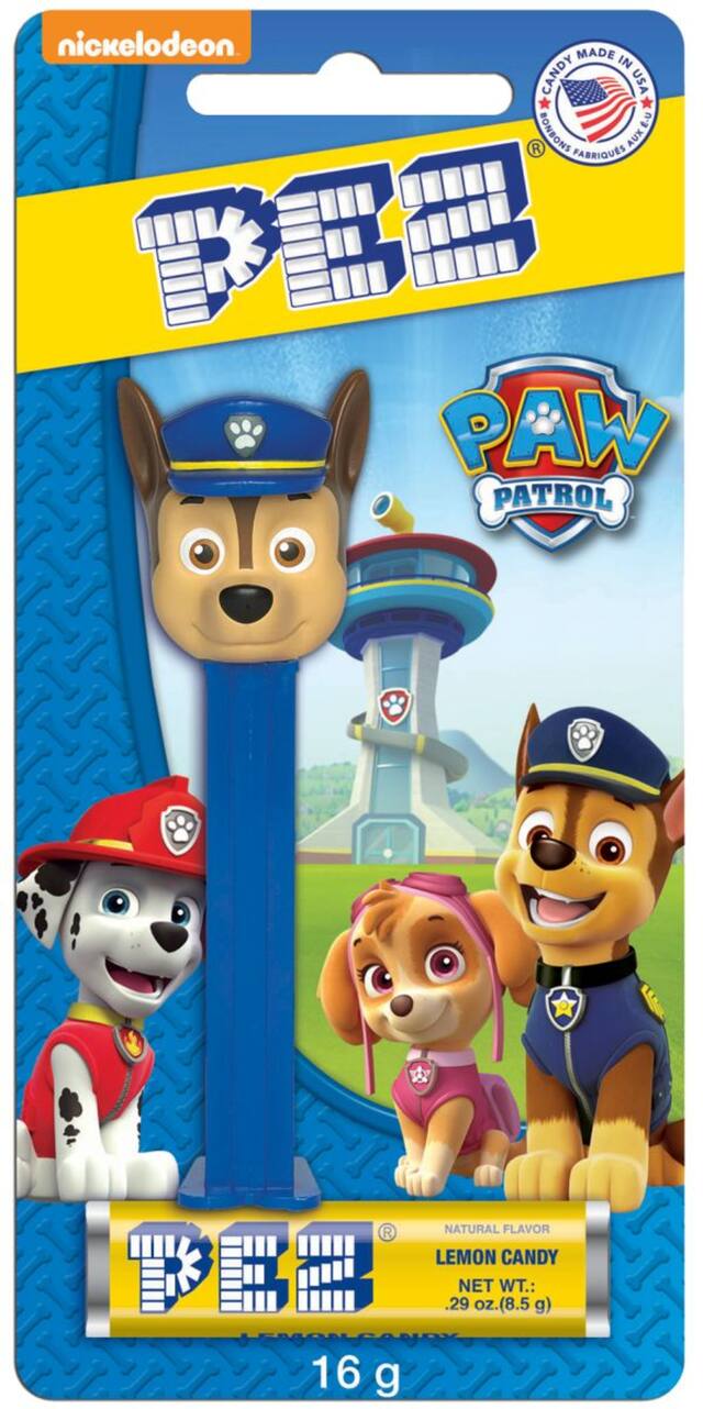 Nickelodeon PAW Patrol Chase PEZ Dispenser, Lemon, Blue, 16-g, Hard Candy, for Birthday/Paw Patrol Party Favour Front_Flat