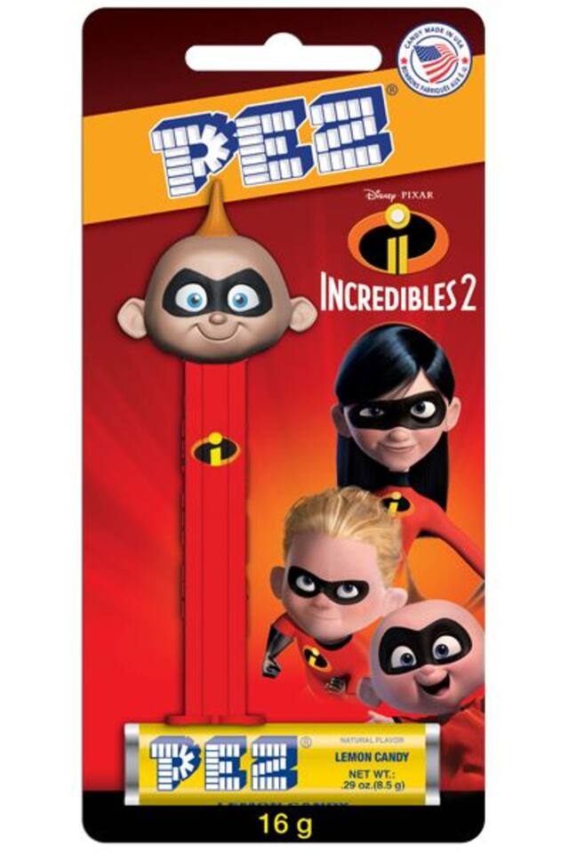 Disney Pixar The Incredibles Baby Jack PEZ Dispenser, Lemon, Red, 16-g, Hard Candy, for Birthday/Party Favour Front_Flat