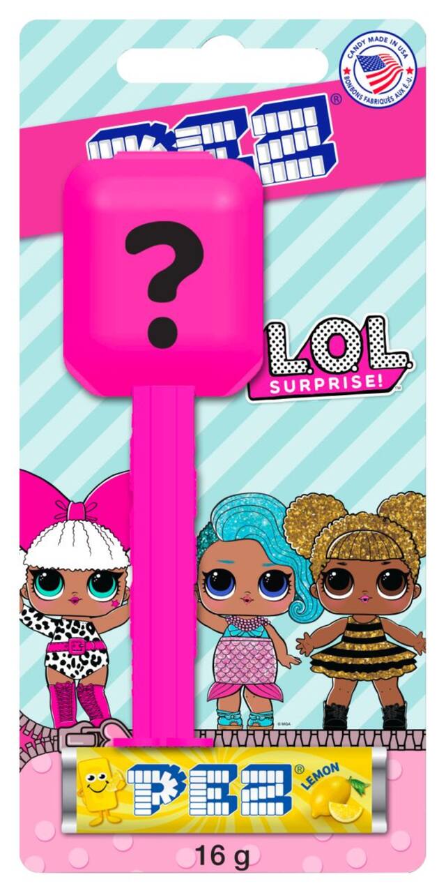 L.O.L. Surprise! PEZ Dispenser, Lemon, Pink, 16-g, Hard Candy, for Birthday/Party Favour Front_Flat