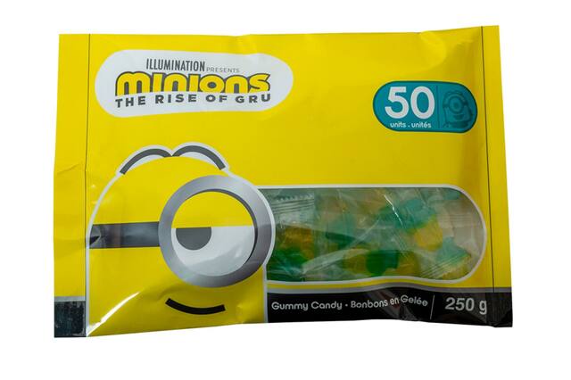 Despicable Me Minions Gummy Wrapped Candy, Assorted Flavours, Yellow/Blue, 50-pk, Chewy Candy, for Birthday/Party Favour/Halloween Front_Flat