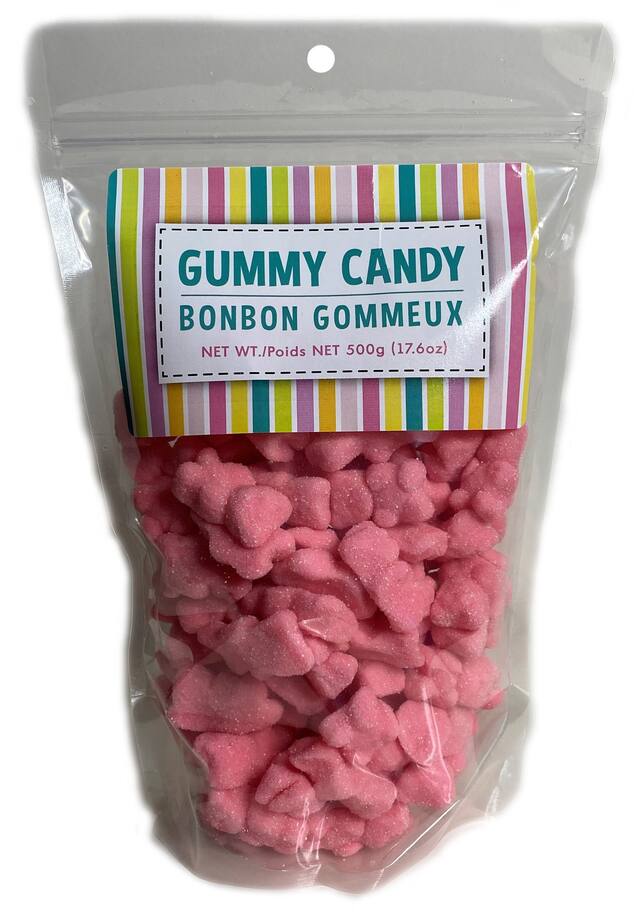 Gummy Bears, Strawberry, Pink, 500-g, Chewy Candy, for Birthday/Buffet/Gender Reveal Front_Flat