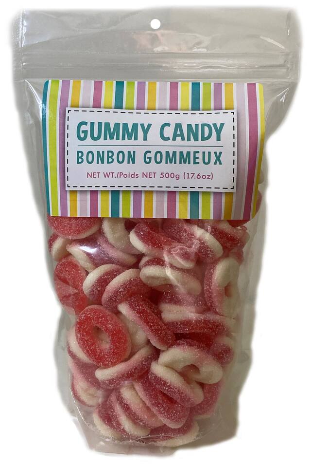 Anneaux en gelée, fraise, bonbon tendre, rose/blanc, 500 g, pour fête d'anniversaire/cadeau-surprise Front_Flat