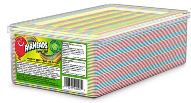 Airheads Rainbow Xtreme Belts Tub, Assorted Fruits, Multi-Coloured, 1.5-kg, Chewy Candy, for Birthday/Party Favour Front_Three_Fourths_Angled_Left