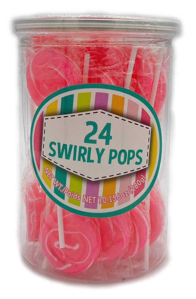 Swirly Lollipops, Cotton Candy Lollipops, Pink, 24-pk, Hard Candy, for Birthday/Party Favour Front_Flat
