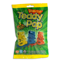 Teddy Pop Sour Lollipop, Green Apple/Lemonade/Blue Raspberry, Yellow/Red/Blue, 3-pk, Hard Candy, for Birthday/Party Favour, Sour Lollipops Front_Flat