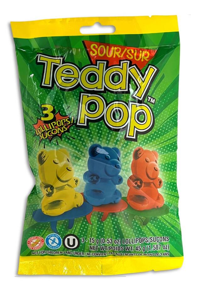 Teddy Pop Sour Lollipop, Green Apple/Lemonade/Blue Raspberry, Yellow/Red/Blue, 3-pk, Hard Candy, for Birthday/Party Favour, Sour Lollipops Front_Flat