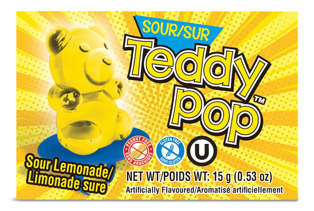 Teddy Pop Sour Lollipop, Green Apple/Lemonade/Blue Raspberry, Yellow/Red/Blue/Green, 15-g, Hard Candy, for Birthday/Party Favour Candy Front_Flat