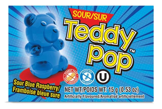 Teddy Pop Sour Lollipop, Green Apple/Lemonade/Blue Raspberry, Yellow/Red/Blue/Green, 15-g, Hard Candy, for Birthday/Party Favour Candy Front_Flat