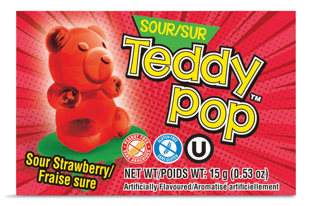 Teddy Pop Sour Lollipop, Green Apple/Lemonade/Blue Raspberry, Yellow/Red/Blue/Green, 15-g, Hard Candy, for Birthday/Party Favour Candy Front_Flat