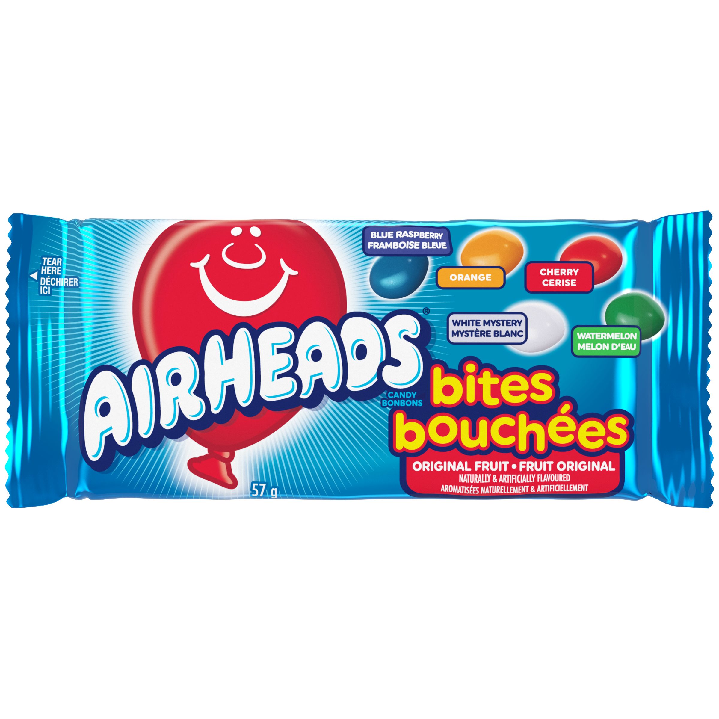 Airheads Bites, Blue Raspberry/Orange/Cherry/Watermelon, Multi-Coloured, 57-g, Chewy Candy, Assorted Fruit Flavours, for Birthday/Party Favour Front_Flat