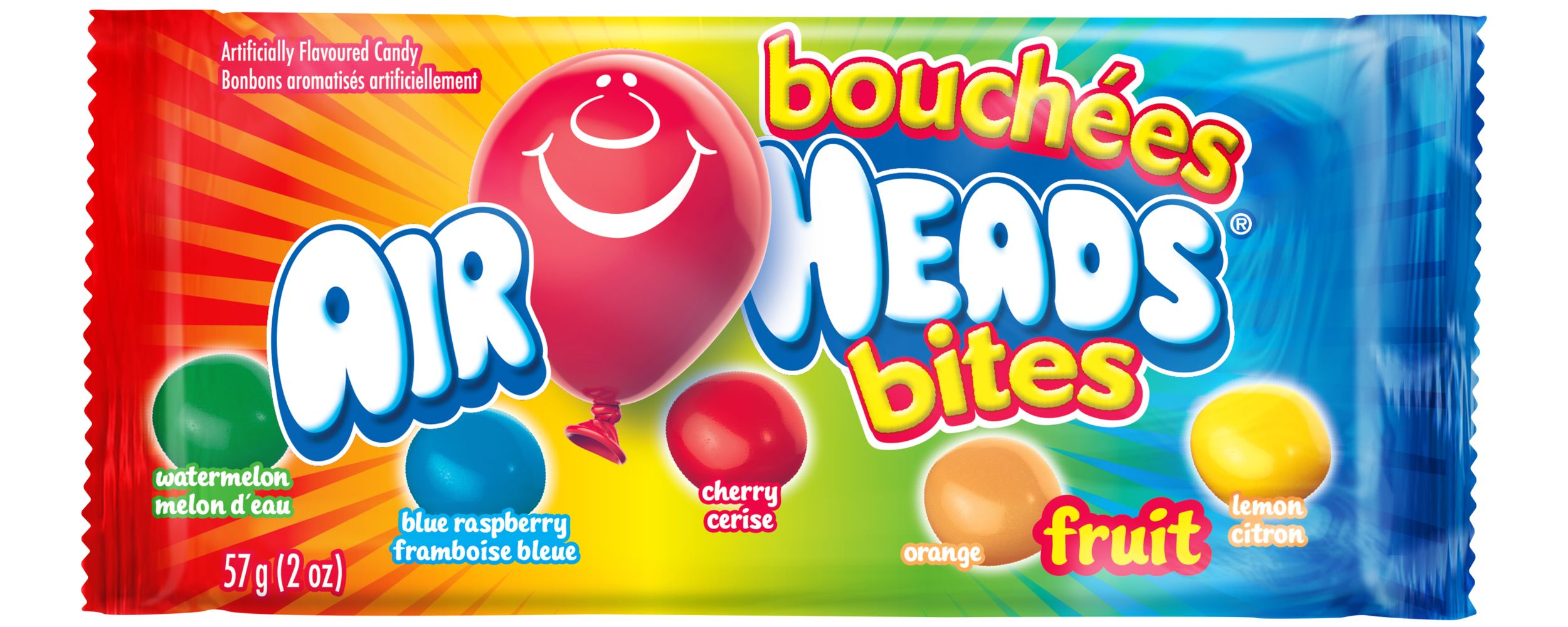 Airheads Bites, Blue Raspberry/Orange/Cherry/Watermelon, Multi-Coloured, 57-g, Chewy Candy, Assorted Fruit Flavours, for Birthday/Party Favour Front_Flat