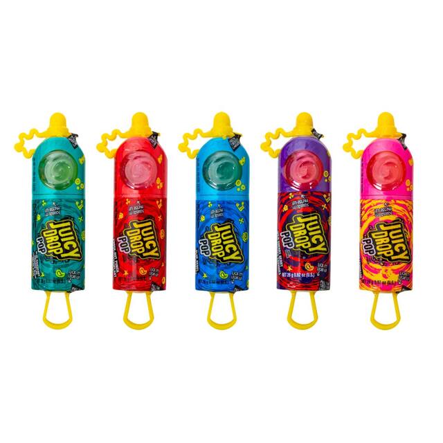 Topps Juicy Drop Pops, Assorted Fruits, Multi-Coloured, 26-g, Chewy Candy, for Birthday/Party Favour Front_Flat