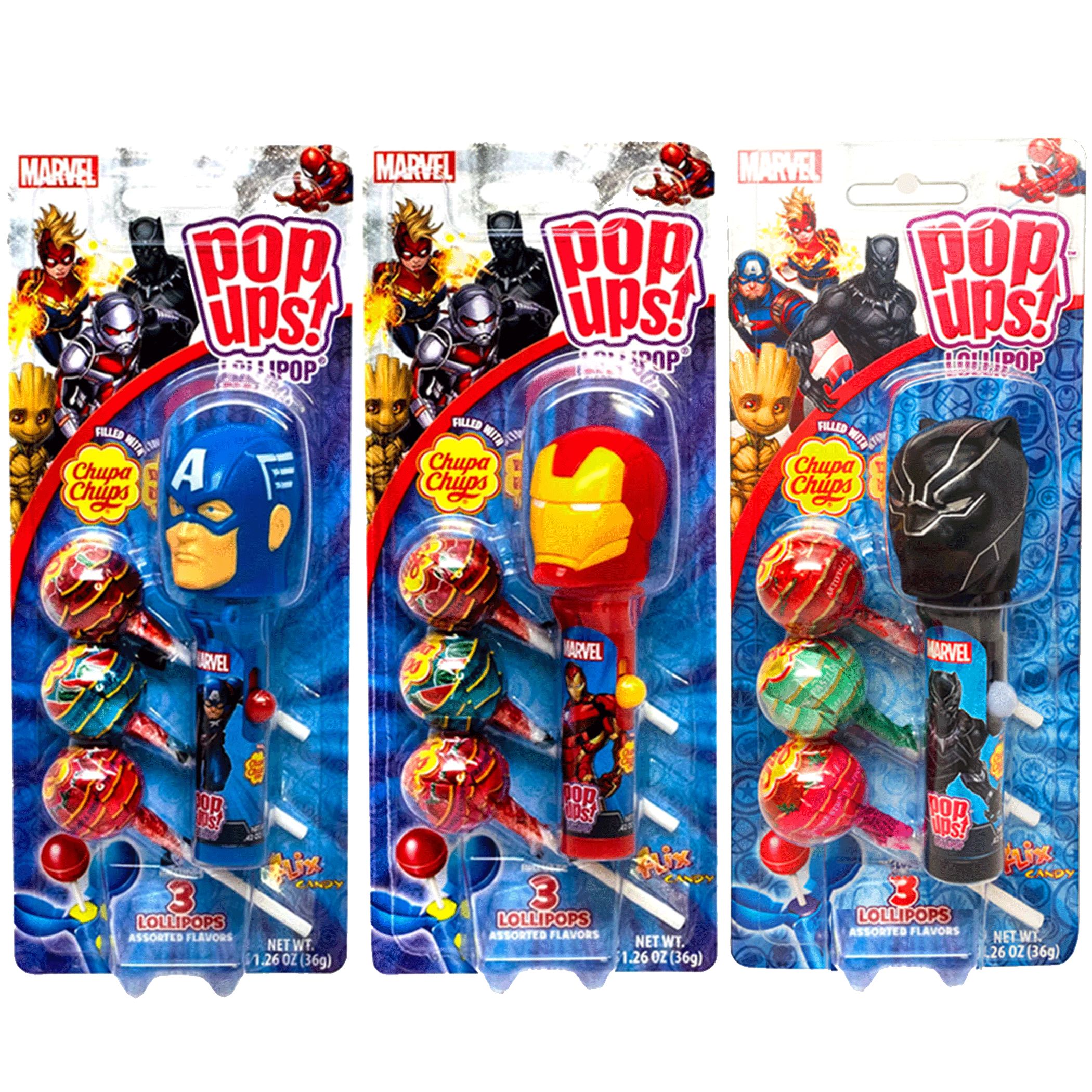 Disney Marvel Avengers Iron Man & Black Panther Chupa Chups Lollipops, Assorted Fruits, Multi-Coloured, 3-pk, Hard Candy, for Birthday/Party Favour Front_Flat