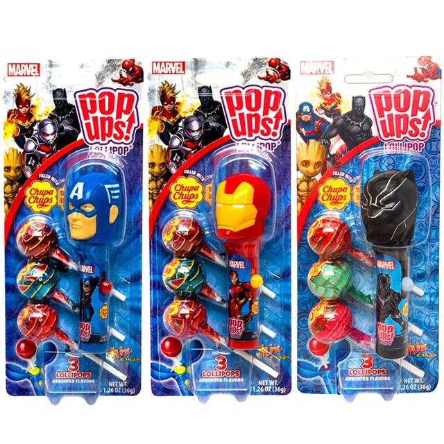 Disney Marvel Avengers Iron Man & Black Panther Chupa Chups Lollipops, Assorted Fruits, Multi-Coloured, 3-pk, Hard Candy, for Birthday/Party Favour Front_Flat