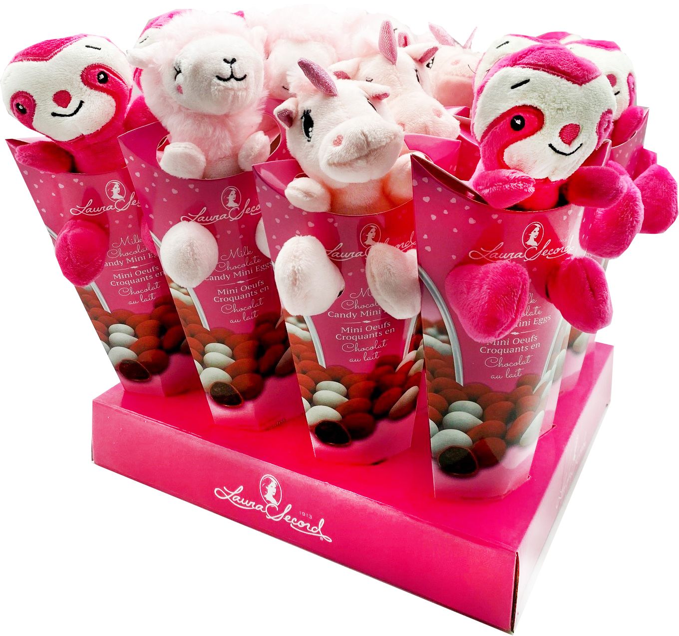 Laura Secord Unicorn Candy Coated Chocolate with Plush Toy, Milk Chocolate, Pink, 35-g, for Valentine's Day/Anniversary Front_Angled_Left