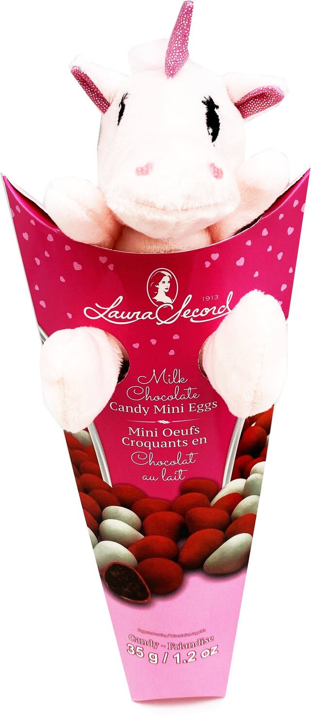 Laura Secord Unicorn Candy Coated Chocolate with Plush Toy, Milk Chocolate, Pink, 35-g, for Valentine's Day/Anniversary Front_Elevated