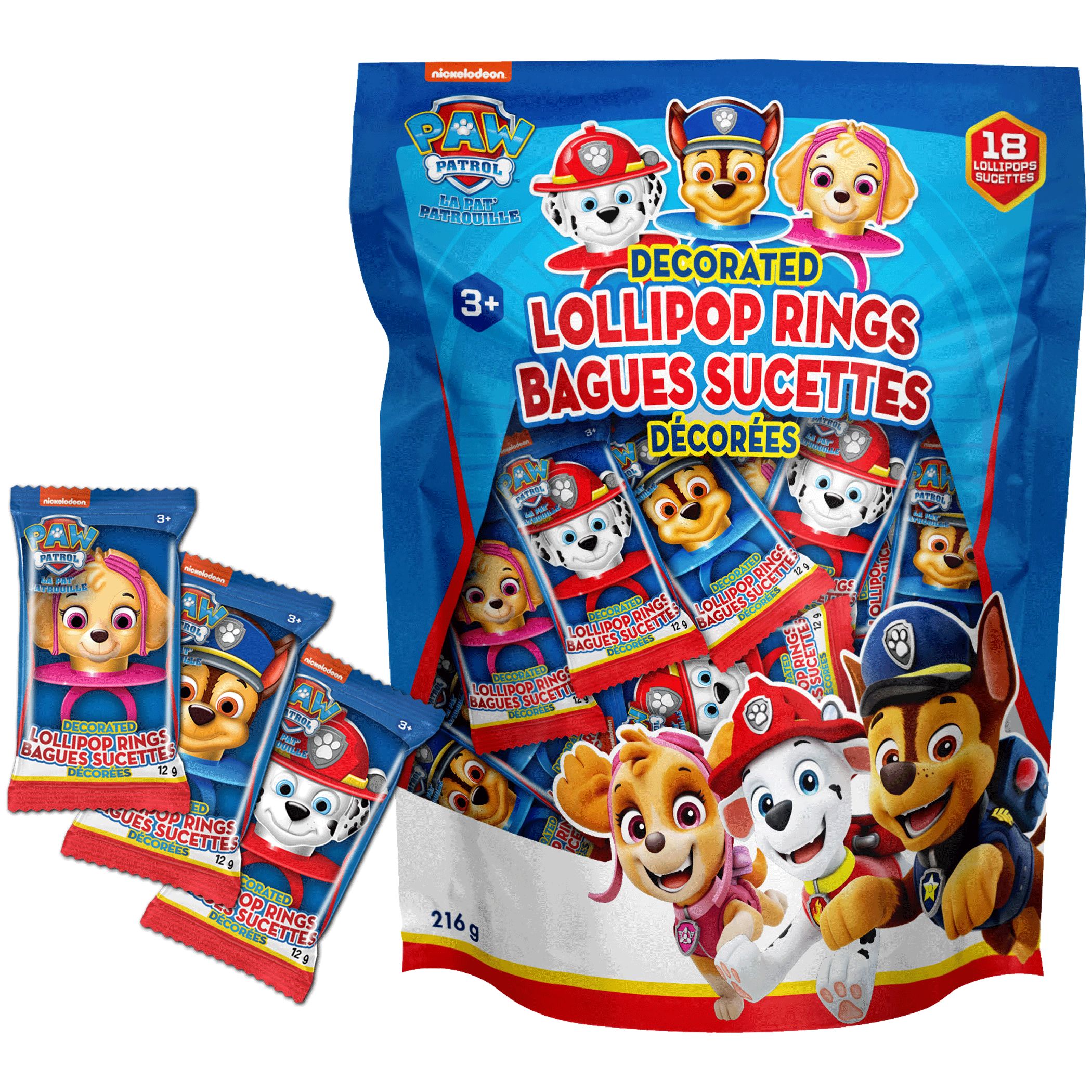 Nickelodeon – anneaux à sucettes décorés Chase/Marshall/Skye, fruit, bleu, 216 g paquet de 18, friandises pour l'Halloween Composite_or_Mixed