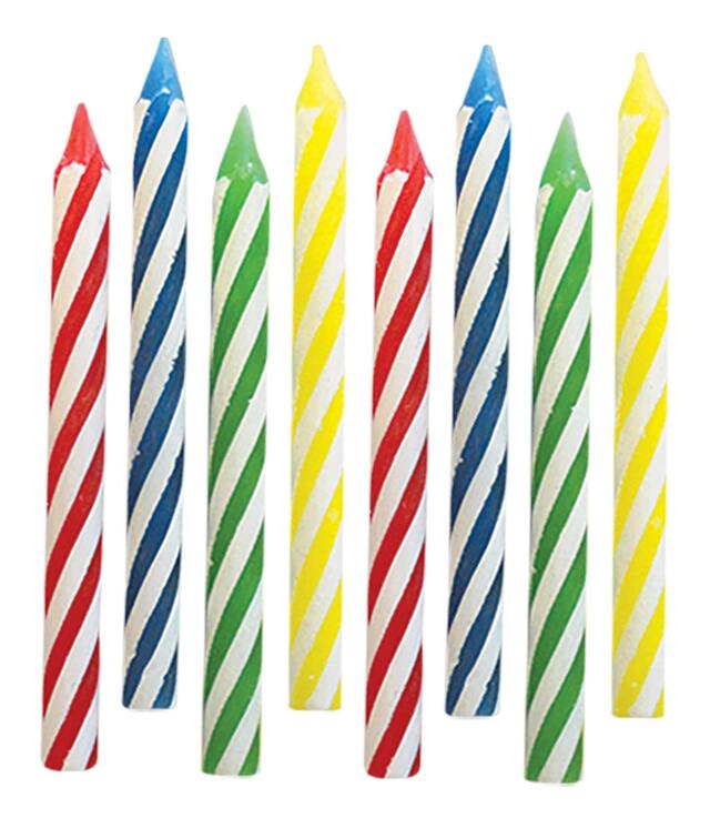 Spiral Wax Candles, Multi-Coloured, Striped, 3.2-in, 24-pk, for Birthday Party Front_Flat