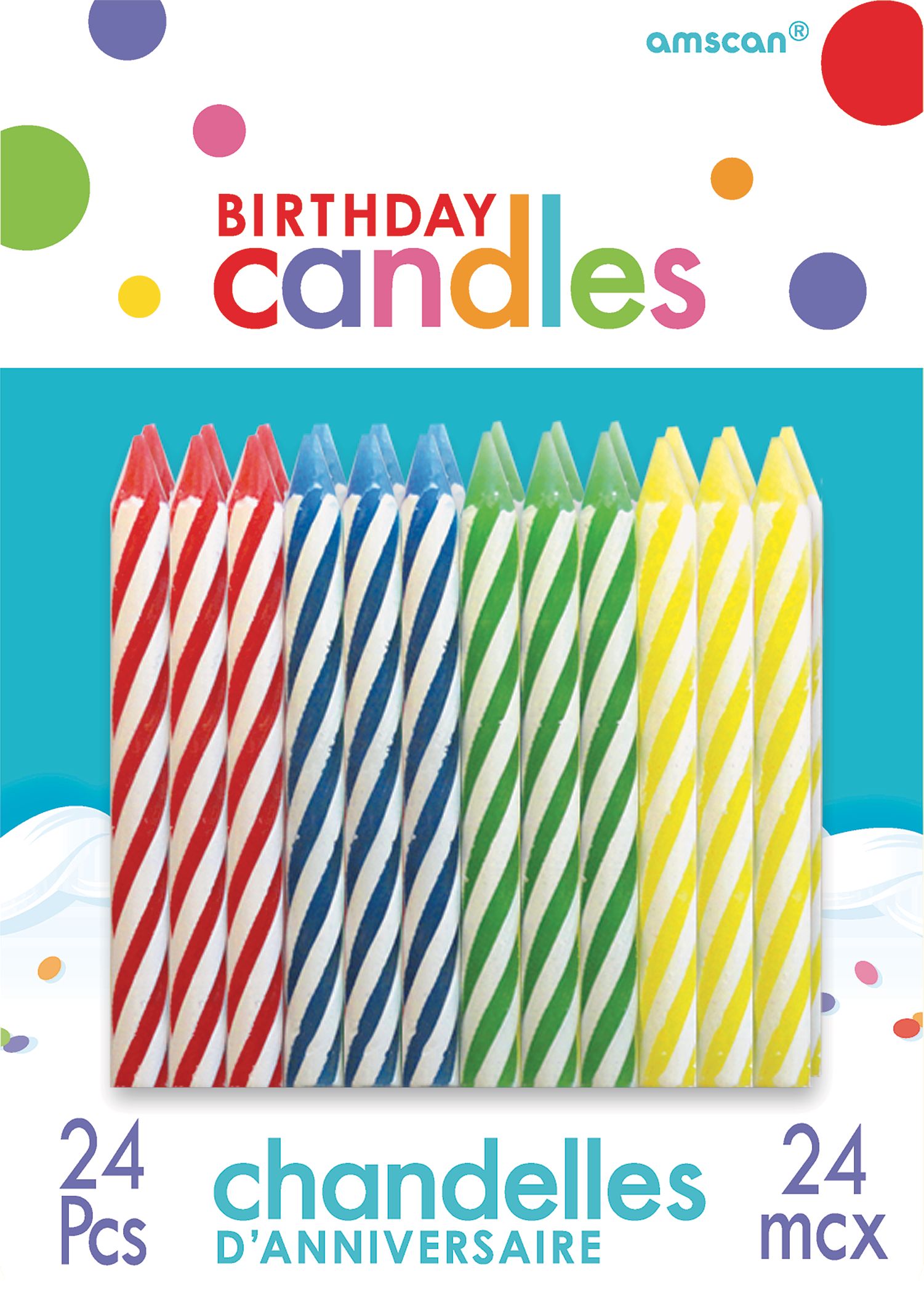 Spiral Wax Candles, Multi-Coloured, Striped, 3.2-in, 24-pk, for Birthday Party Front_Flat