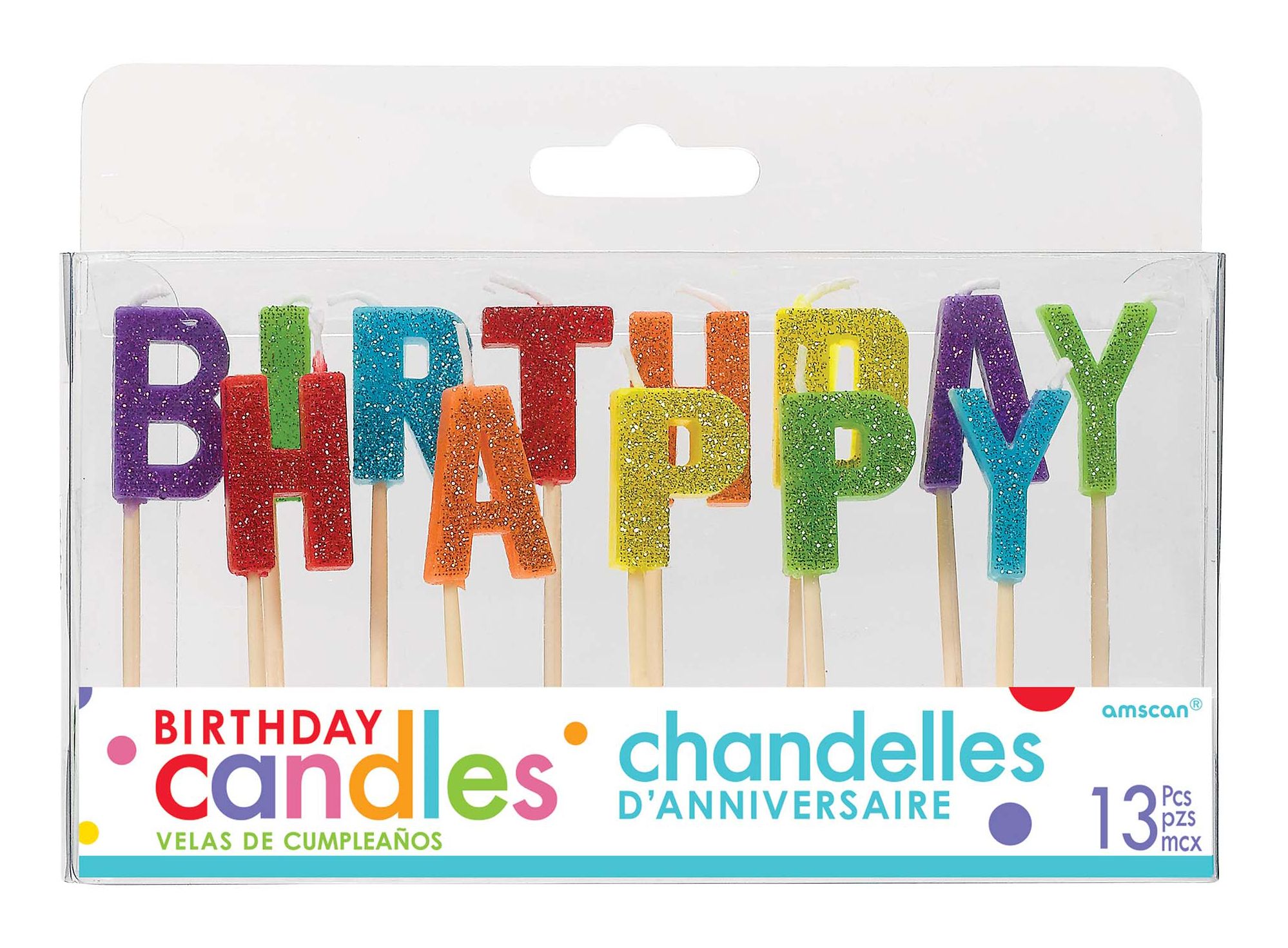 "Happy Birthday" Letter Glitter Toothpick Candles, Multi-Coloured, 3-in, 13-pk, for Birthday Party Front_Flat
