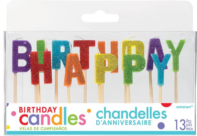 "Happy Birthday" Letter Glitter Toothpick Candles, Multi-Coloured, 3-in, 13-pk, for Birthday Party Front_Flat