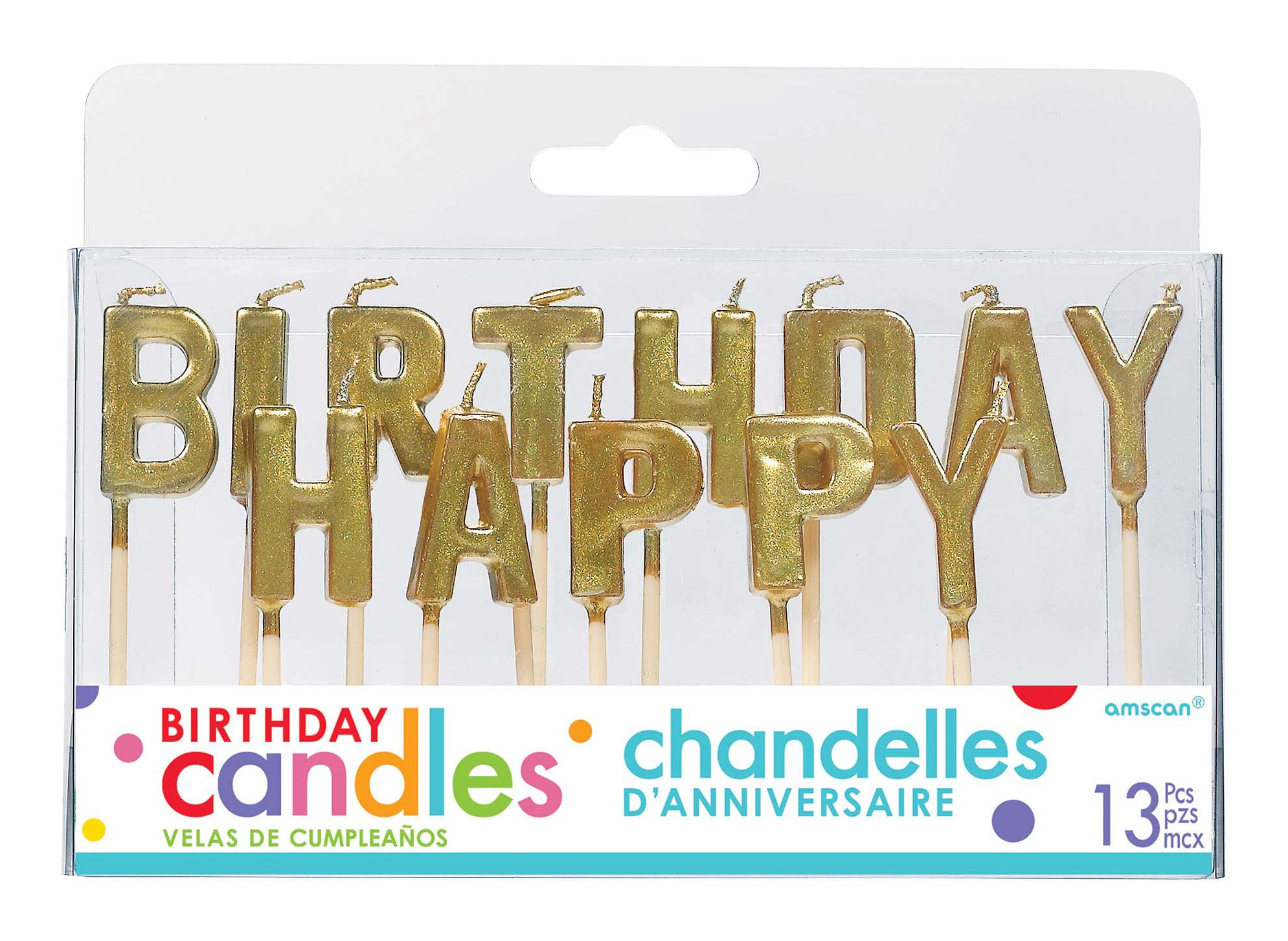 "Happy Birthday" Letter Glitter Toothpick Candles, Gold, 3-in, 13-pk, for Birthday Party Front_Flat