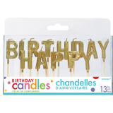 "Happy Birthday" Letter Glitter Toothpick Candles, Gold, 3-in, 13-pk, for Birthday Party Front_Flat