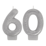 Bougie en cire scintillante chiffre 60, argent, 3 po, paq. 2, pour fête/anniversaire