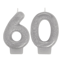 "60" Number Glitter Wax Candle, Silver, 3-in, 2-pk, for Birthday Party/Anniversary