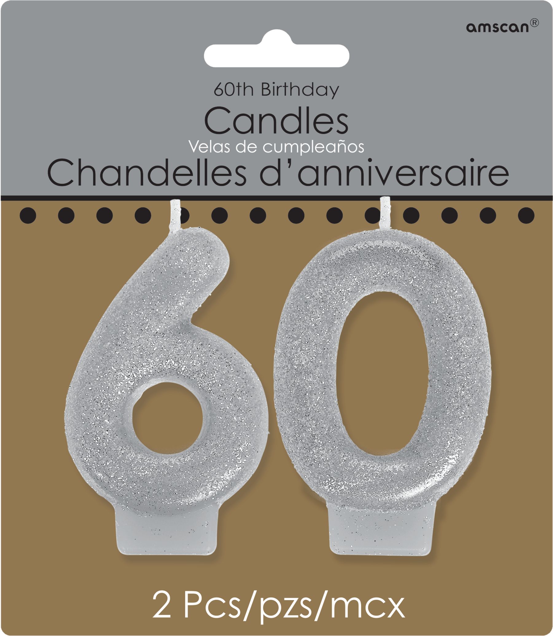 Bougie en cire scintillante chiffre 60, argent, 3 po, paq. 2, pour fête/anniversaire Front_Flat