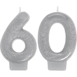 Bougie en cire scintillante chiffre 60, argent, 3 po, paq. 2, pour fête/anniversaire Front_Flat