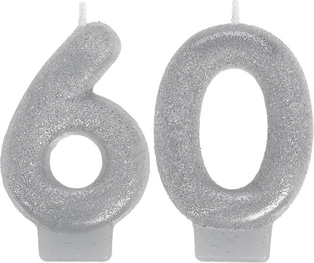 "60" Number Glitter Wax Candle, Silver, 3-in, 2-pk, for Birthday Party/Anniversary Front_Flat