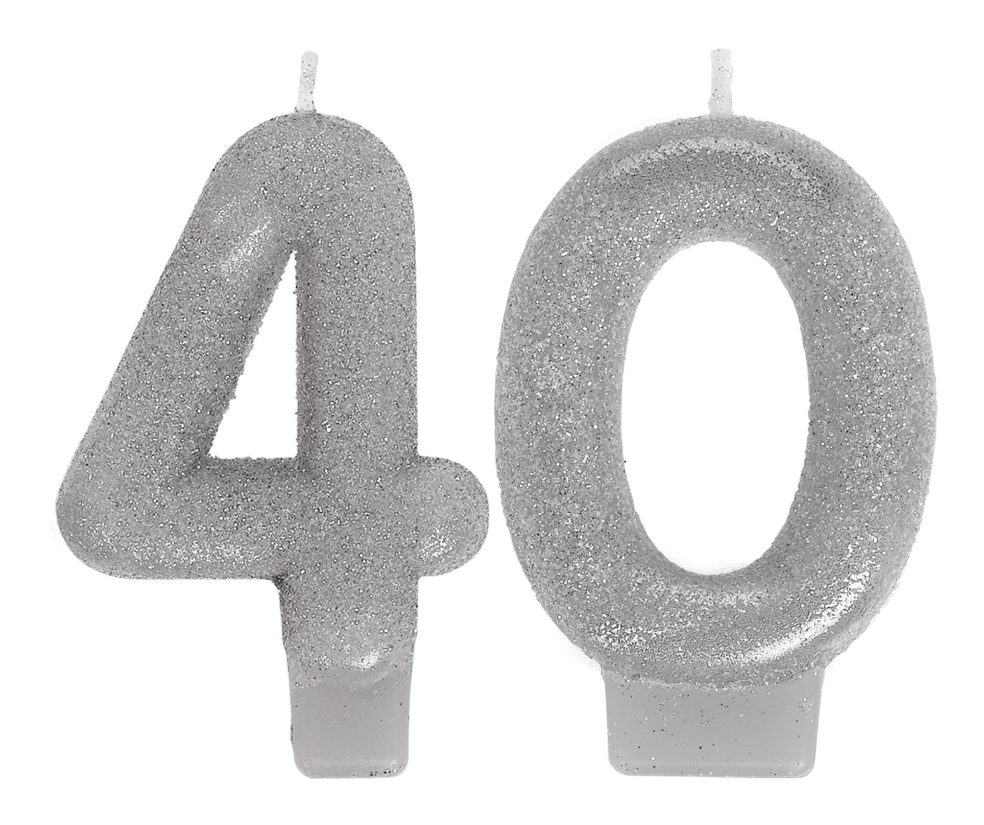 "40" Number Glitter Wax Candle, Silver, 3-in, 2-pk, for Birthday Party/Anniversary Front_Flat