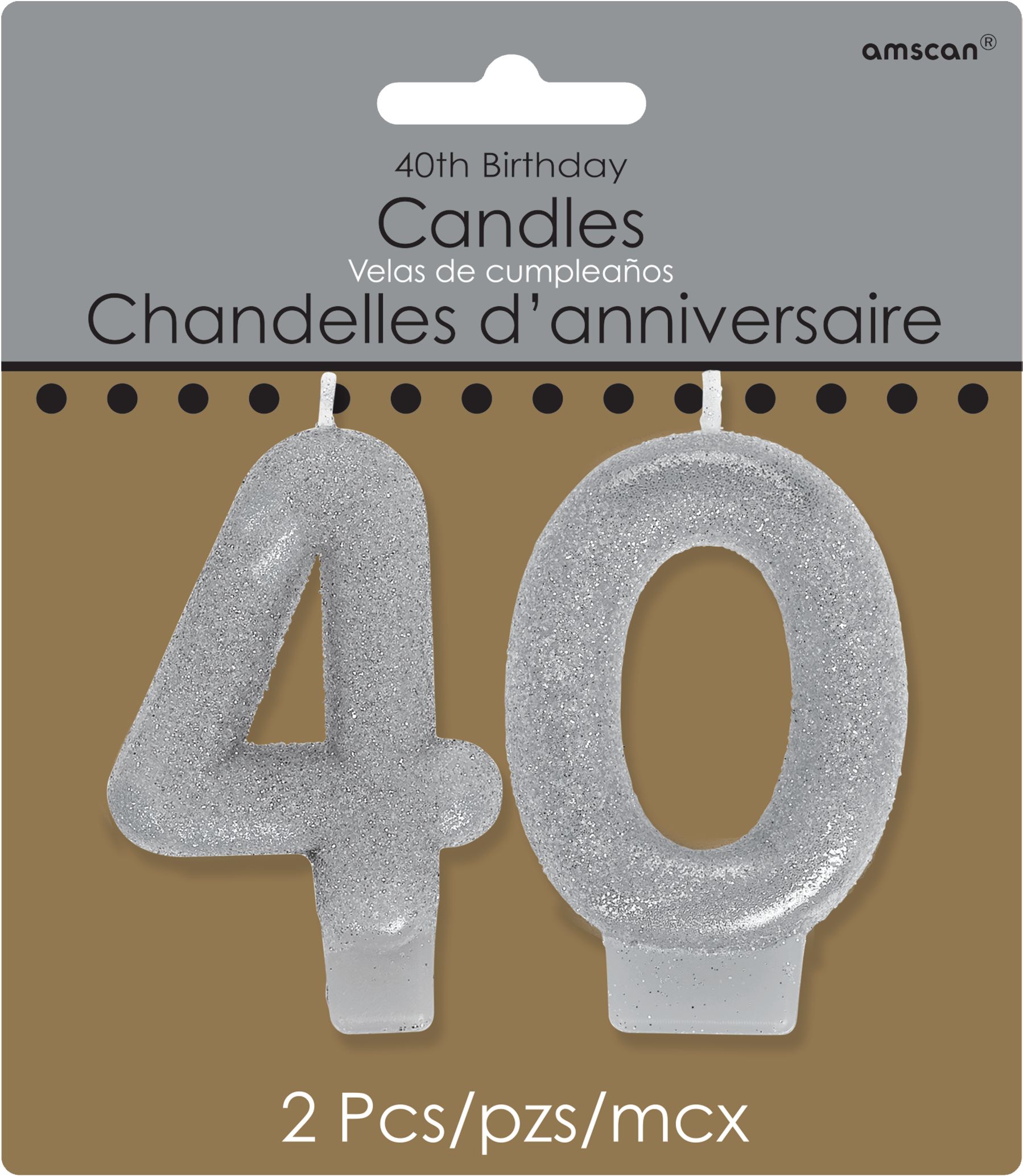 "40" Number Glitter Wax Candle, Silver, 3-in, 2-pk, for Birthday Party/Anniversary Front_Flat