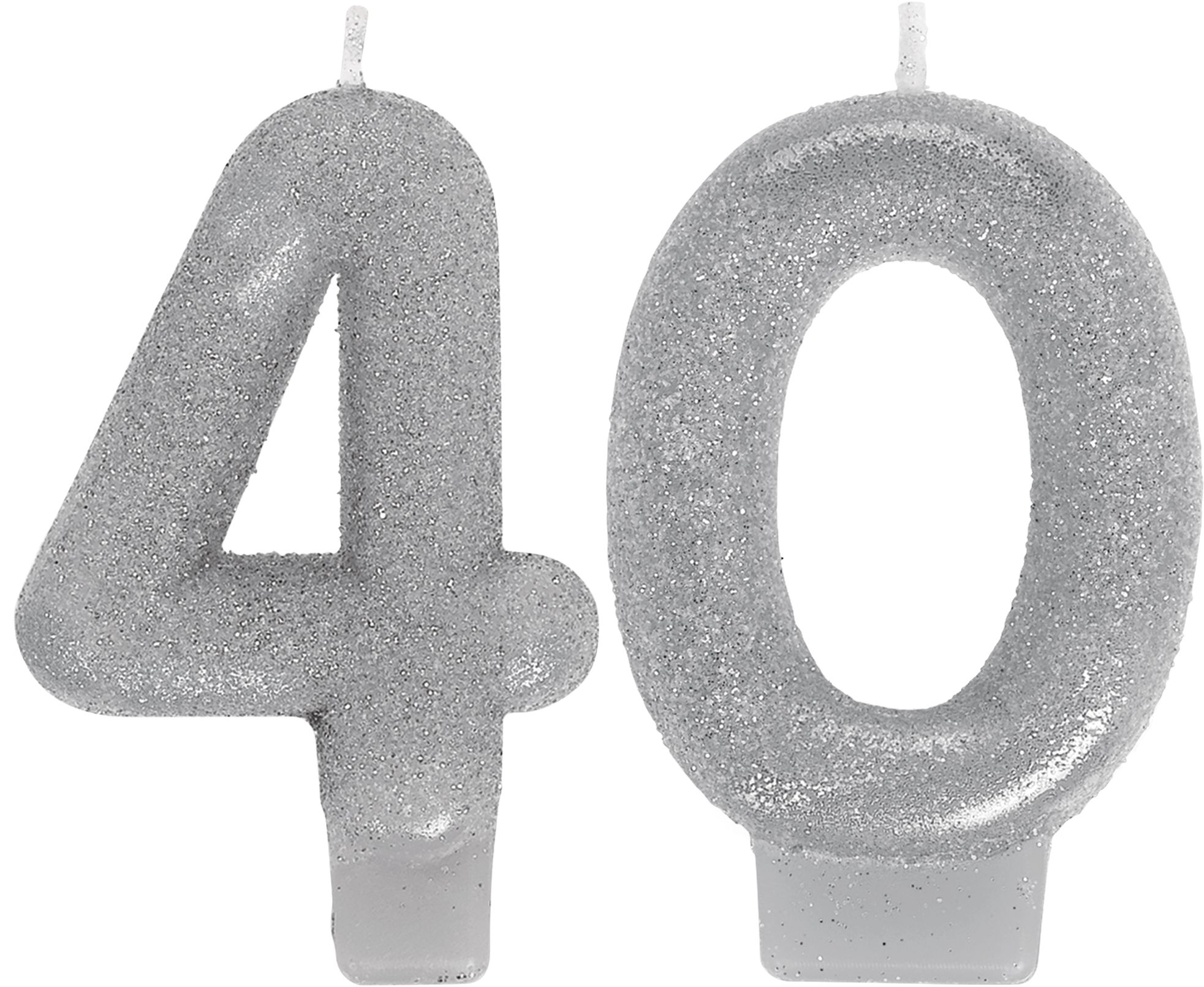 "40" Number Glitter Wax Candle, Silver, 3-in, 2-pk, for Birthday Party/Anniversary Front_Flat