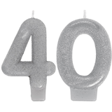 "40" Number Glitter Wax Candle, Silver, 3-in, 2-pk, for Birthday Party/Anniversary Front_Flat