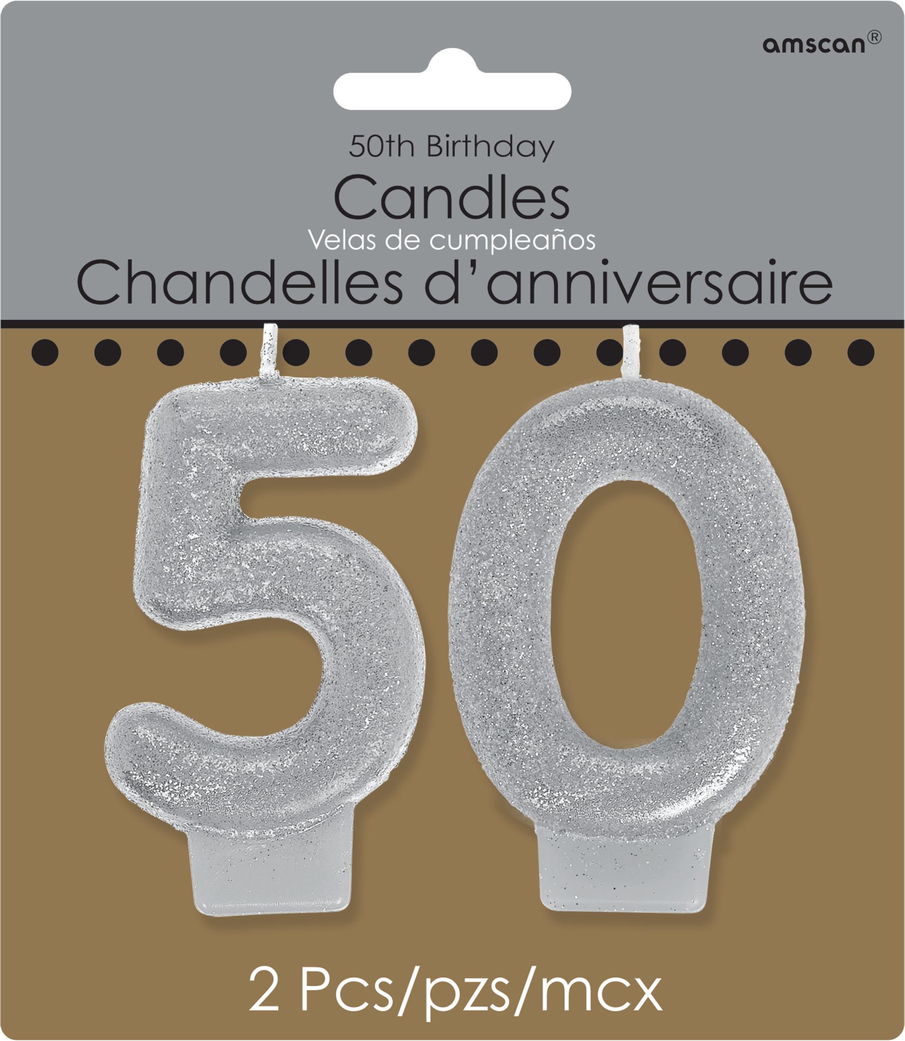 "50" Number Glitter Wax Candle, Silver, 3-in, 2-pk, for Birthday Party/Anniversary Front_Flat