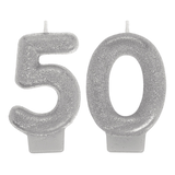 "50" Number Glitter Wax Candle, Silver, 3-in, 2-pk, for Birthday Party/Anniversary Front_Flat