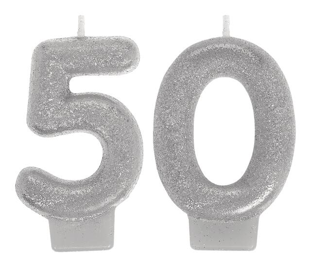"50" Number Glitter Wax Candle, Silver, 3-in, 2-pk, for Birthday Party/Anniversary Front_Flat