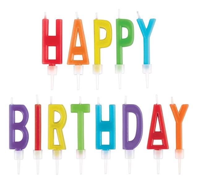 Bougies en cire sur pique lettres Happy Birthday, multicolore, 2,3 po, paq. 13, pour fête d'anniversaire Front_Flat