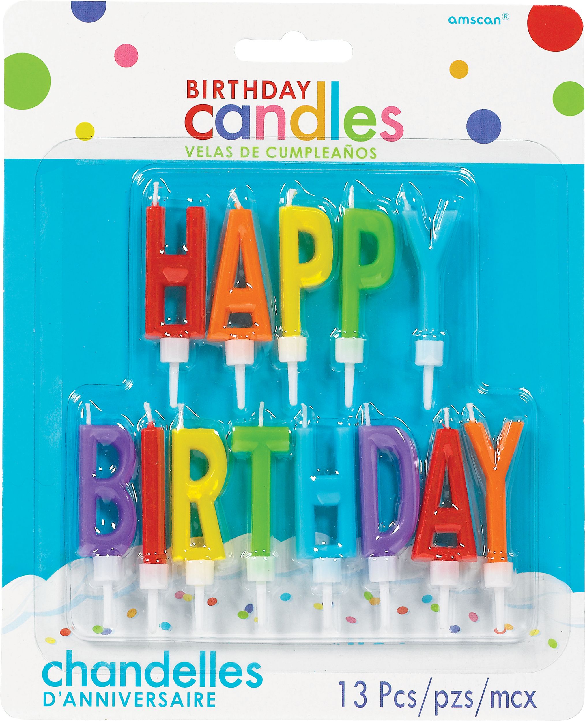 "Happy Birthday" Letter Toothpick Wax Candles, Multi-Coloured, 2.3-in, 13-pk, for Birthday Party Front_Flat