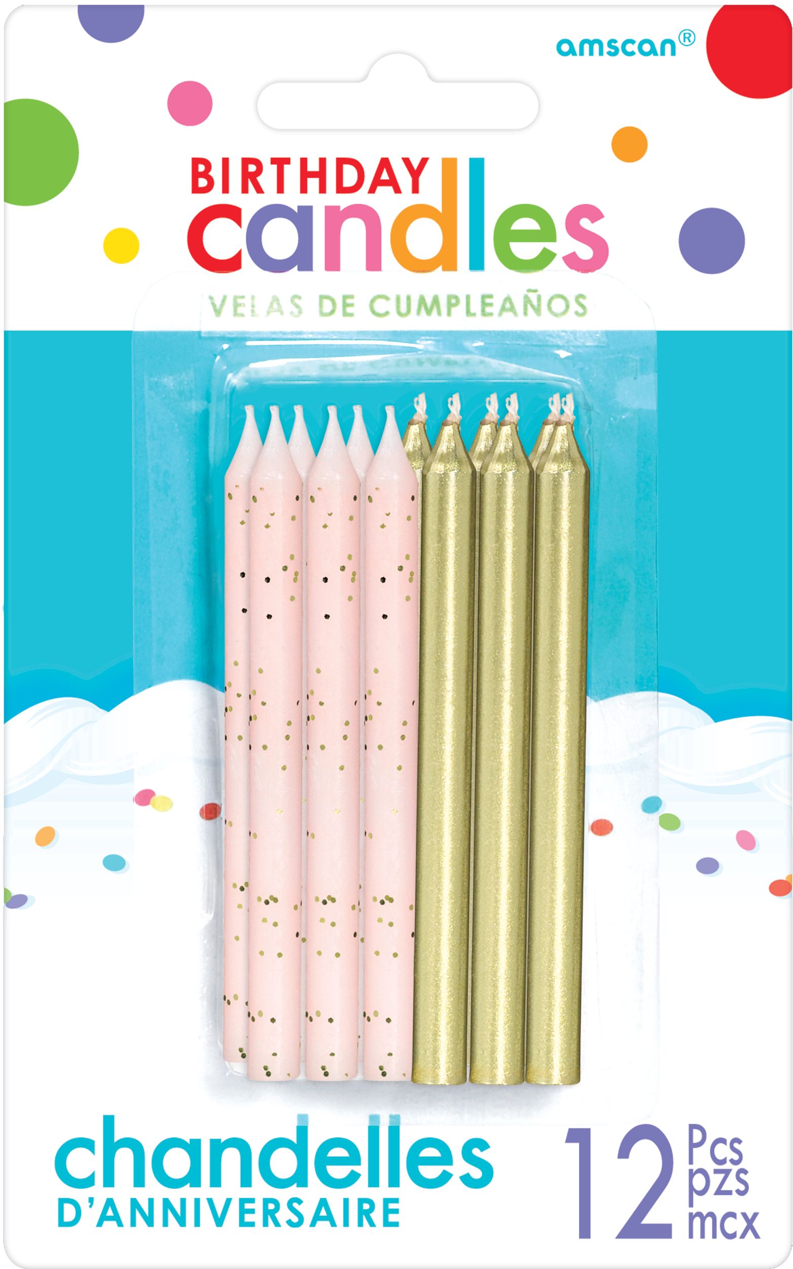 Metallic & Glitter Wax Candles, Pink/Gold, 3.25-in, 12-pk, for Birthday Party Front_Flat